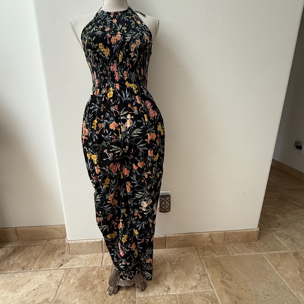 Smocked Halter Floral Maxi Jumpsuit - Black Floral